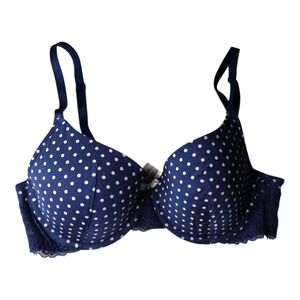 Marie Meili Women's Bra 34D Blue & White Pokadots Lace Trim